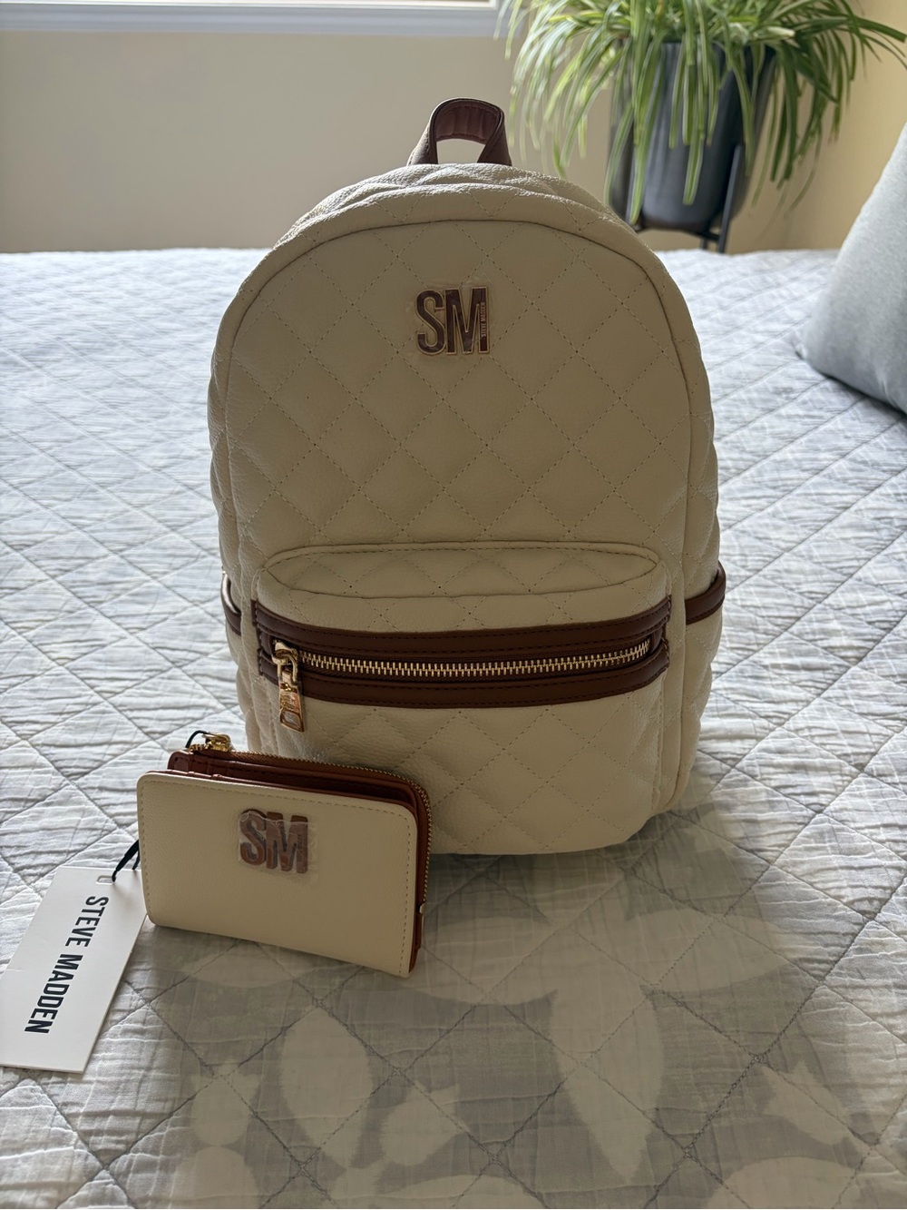 *NEW* Steve Madden Cream Quilted Backpack with Brown Trim and Matching Wallet